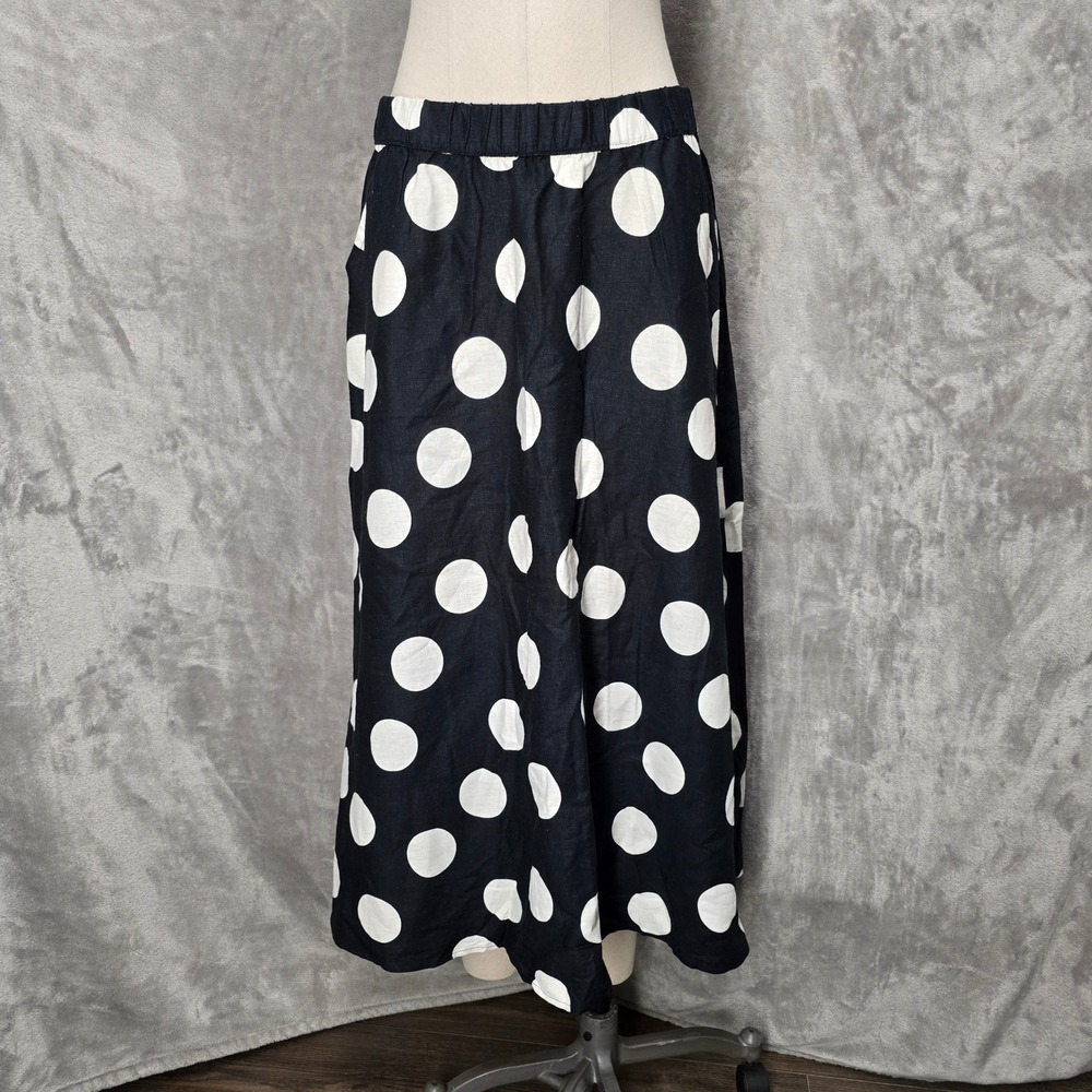 Tabitha Brown Linen Blend Skirt Women M Blk White Polka Dot Midi Pockets Coastal